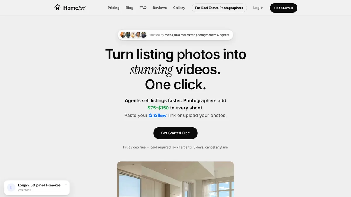 HomeReel homepage at homereel.app, captured October 21, 2026