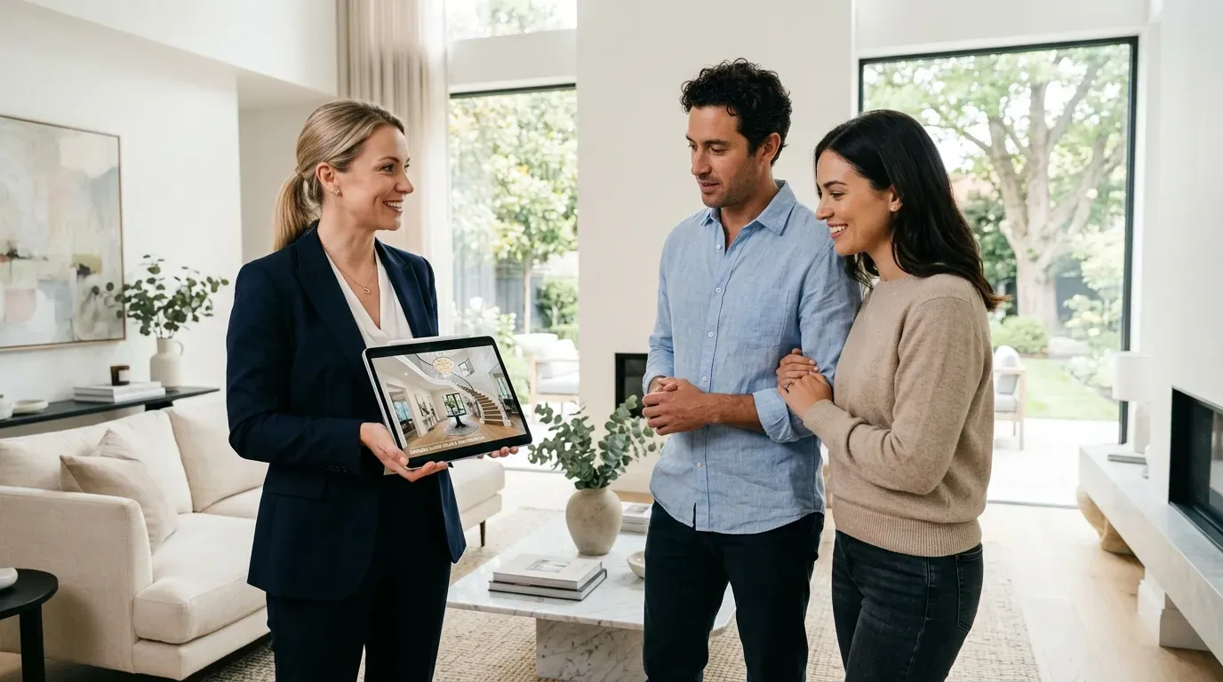 Real estate agent holding a tablet showing a property walkthrough video to a potential buyer