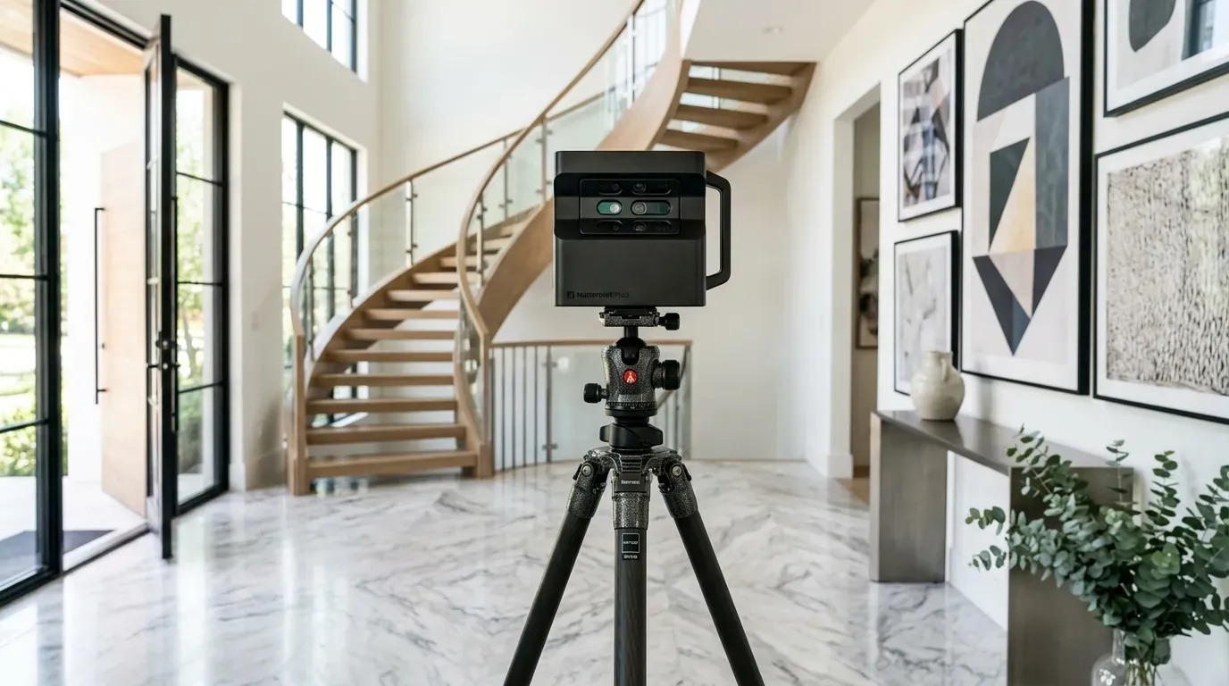 Close-up of a 3D camera on a tripod in a modern home foyer with marble floors