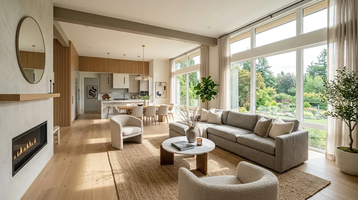 Wide-angle shot of a beautifully staged modern living room with floor-to-ceiling windows