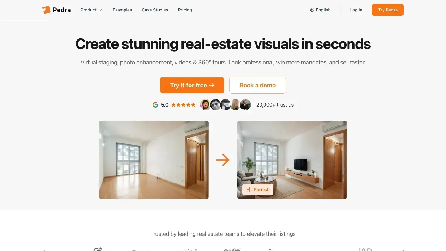 Pedra homepage and product workflow used for this comparison