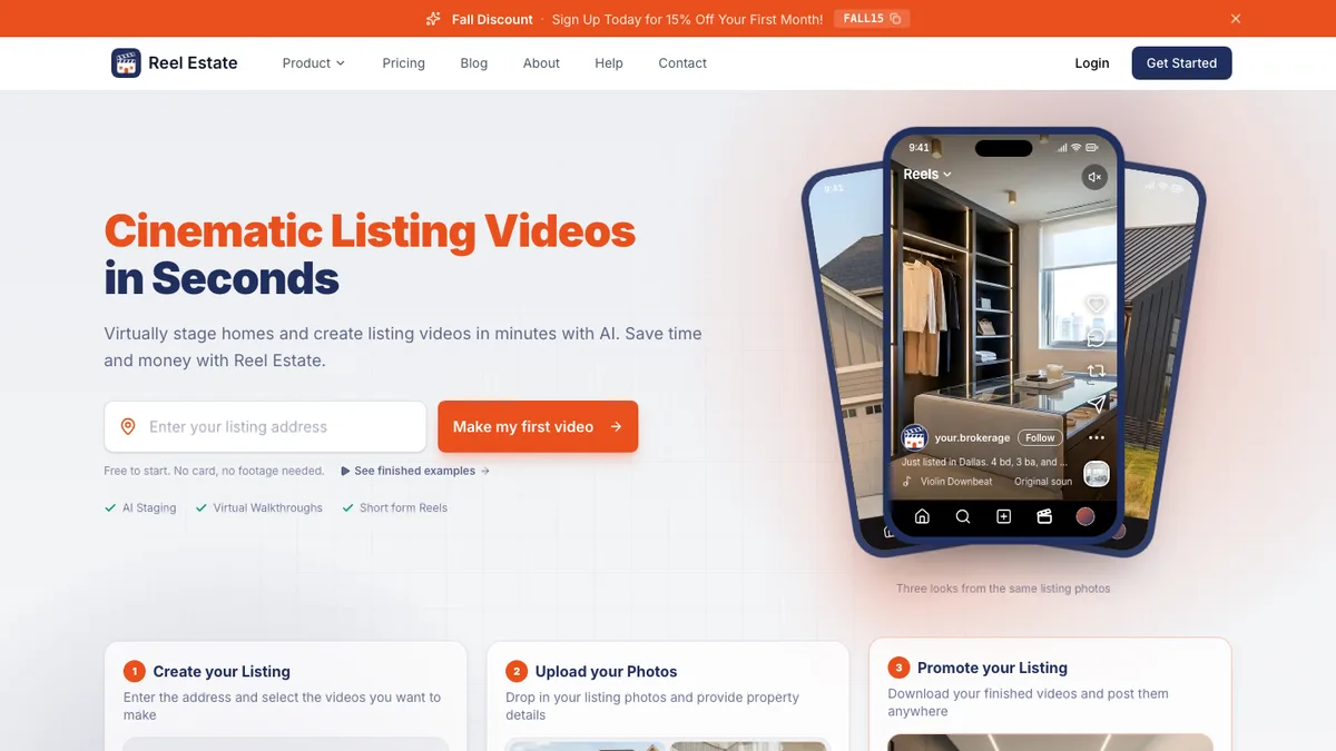 Reel Estate homepage at tryreelestate.com, captured October 21, 2026