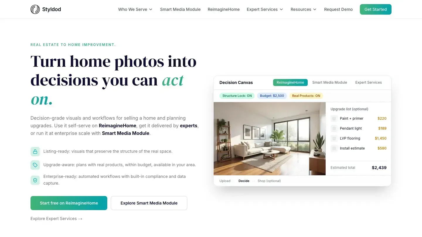 Styldod homepage and product workflow used for this comparison