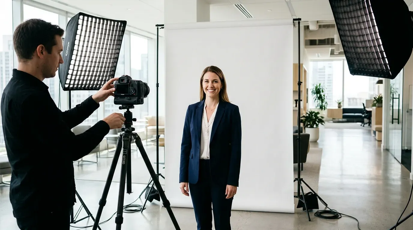 Professional headshot photography setup with softbox lights and white backdrop in a bright office