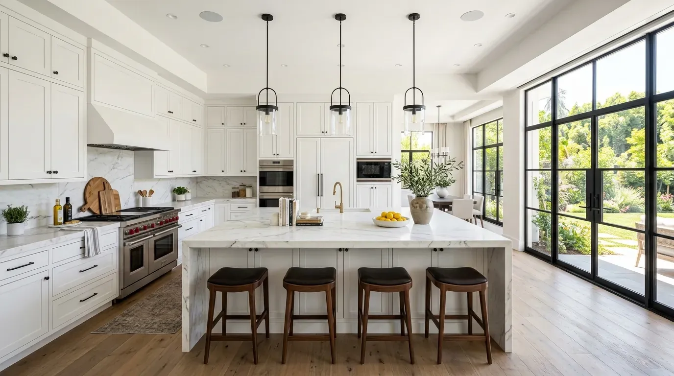 Wide view of a luxury kitchen perfectly staged for a real estate video showcase