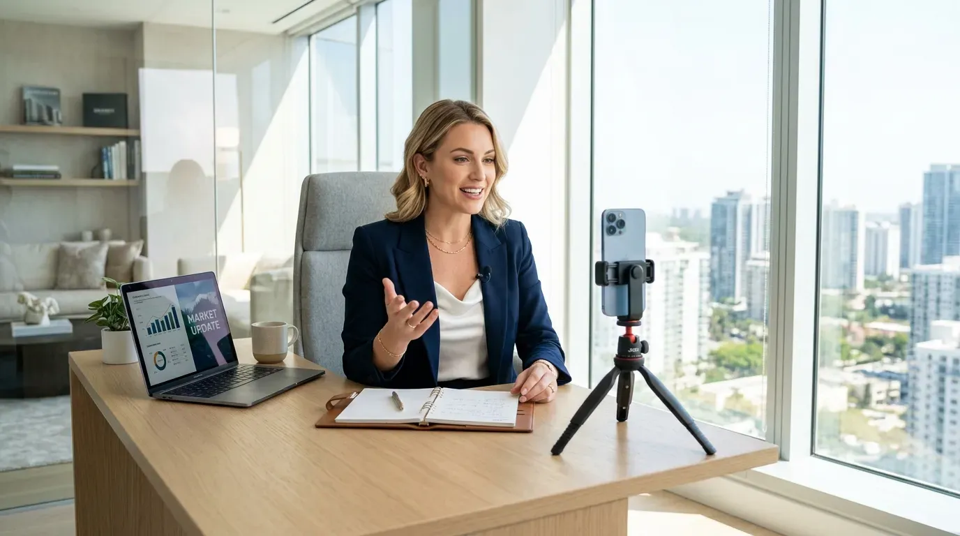 Real estate agent recording a market update video with phone on desk stand in a bright office