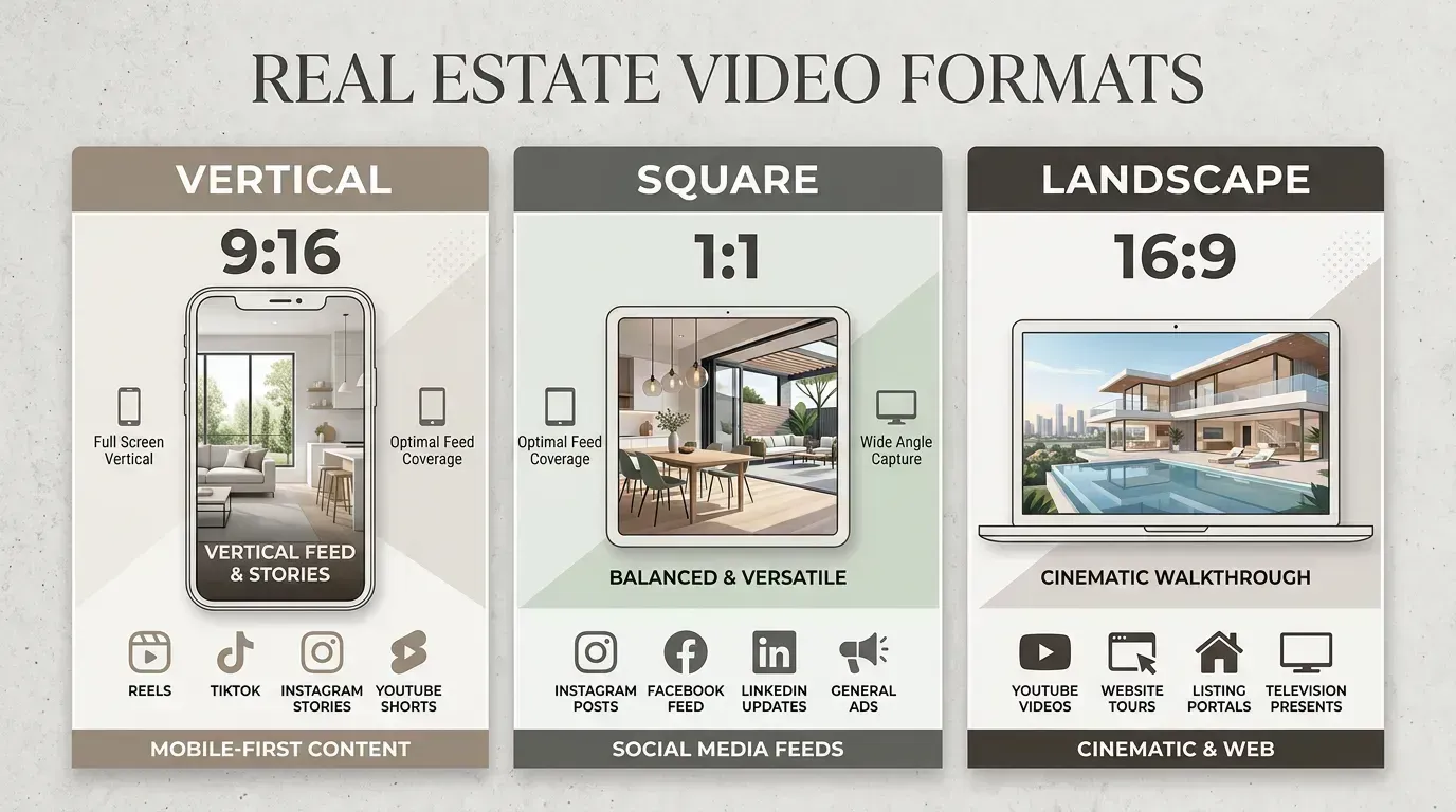 Editorial graphic showing real estate video aspect ratios for major social platforms
