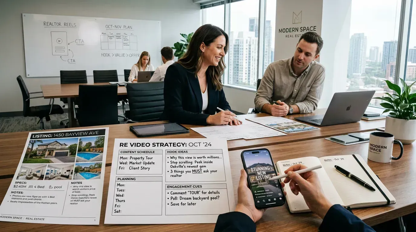 Real estate social video strategy desk with scheduling notes and engagement ideas