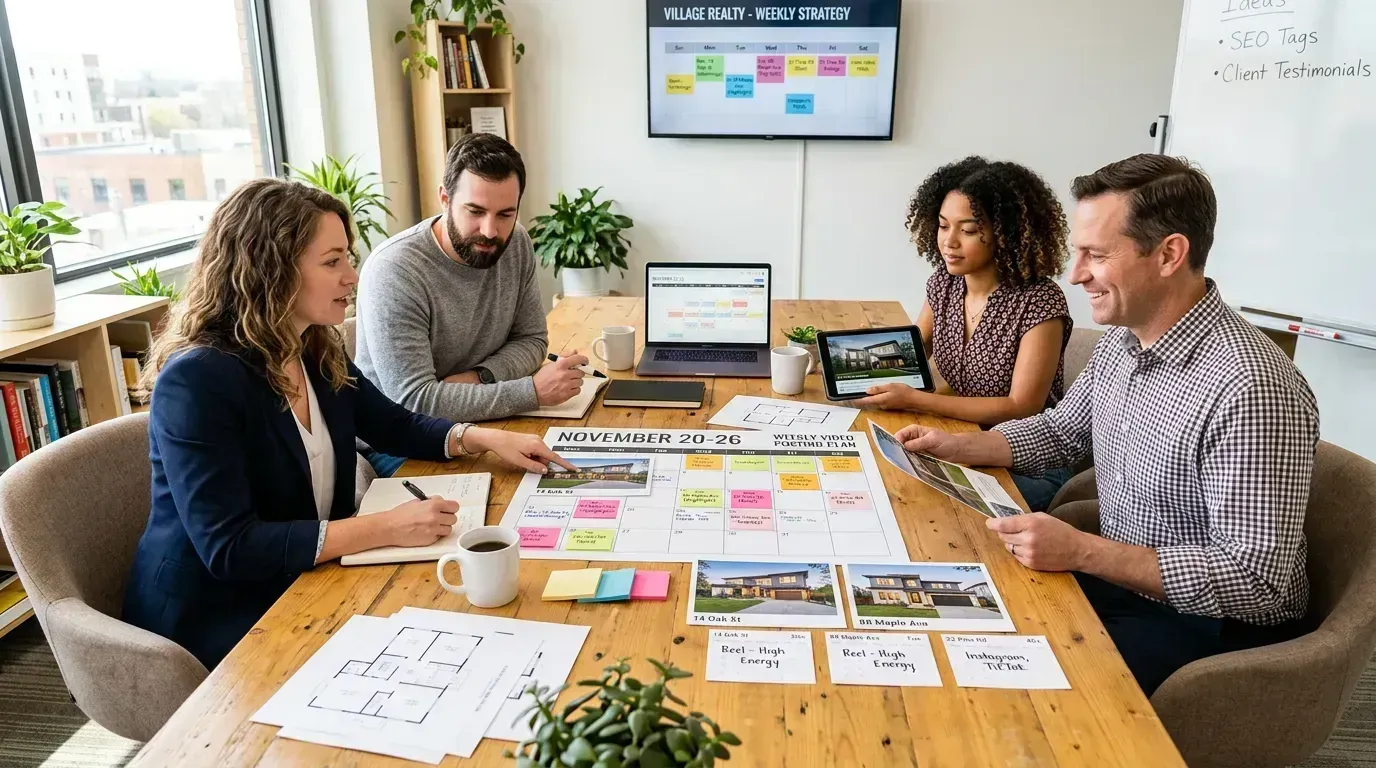 Small real estate marketing team reviewing a weekly listing video posting plan