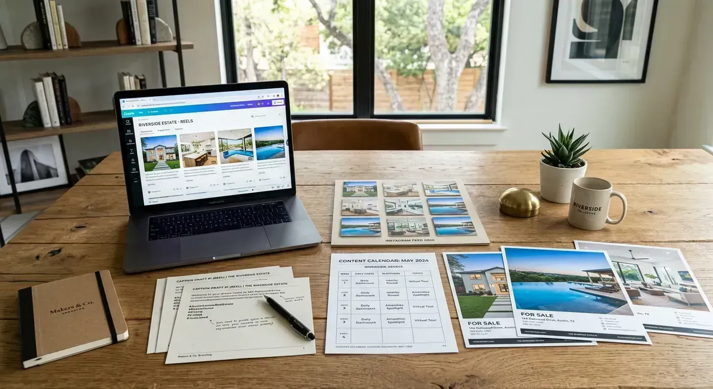 Organized social media kit prepared for a real estate listing campaign