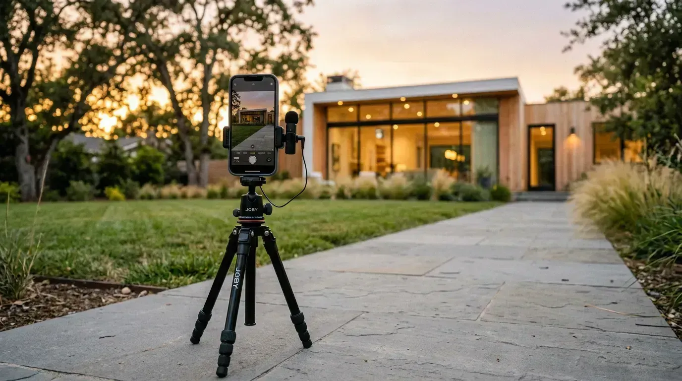 Real estate agent setting up a smartphone on a tripod to film a TikTok video in front of a for-sale property