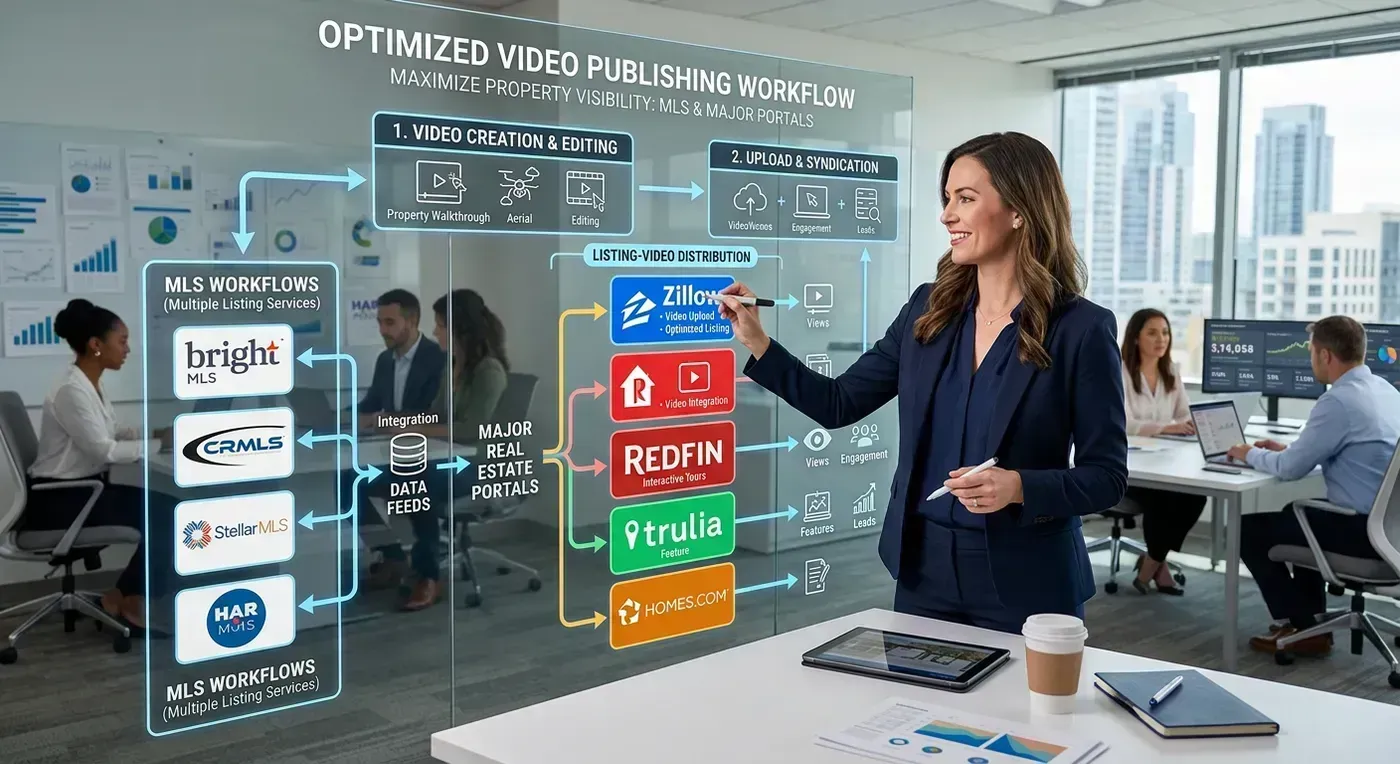 Agent uploading a listing video to multiple real estate platforms on a laptop showing Zillow, MLS, and Realtor.com tabs