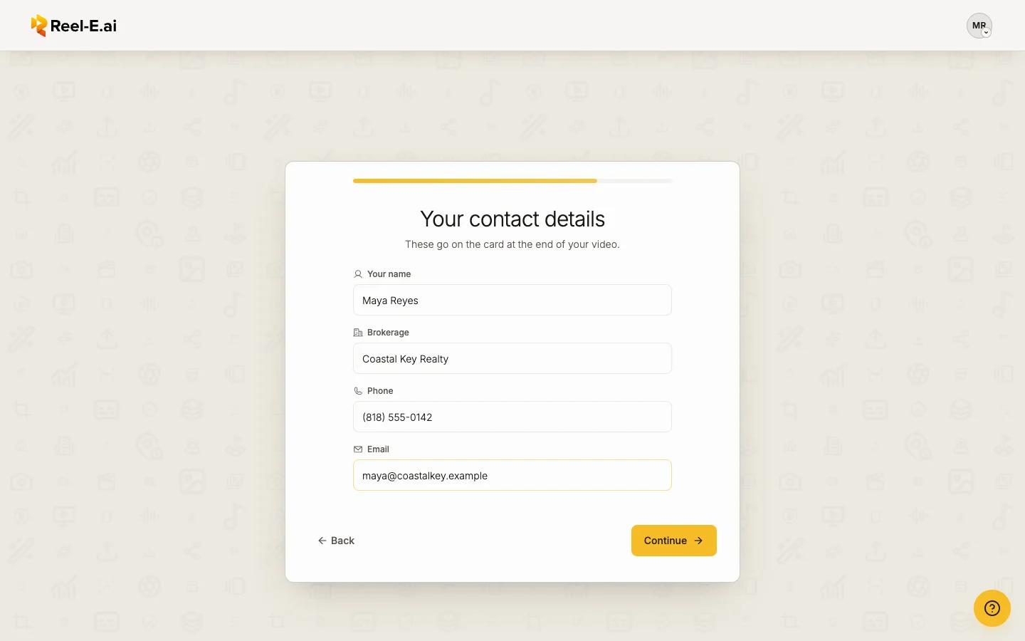 The contact details step with name, brokerage, phone and email