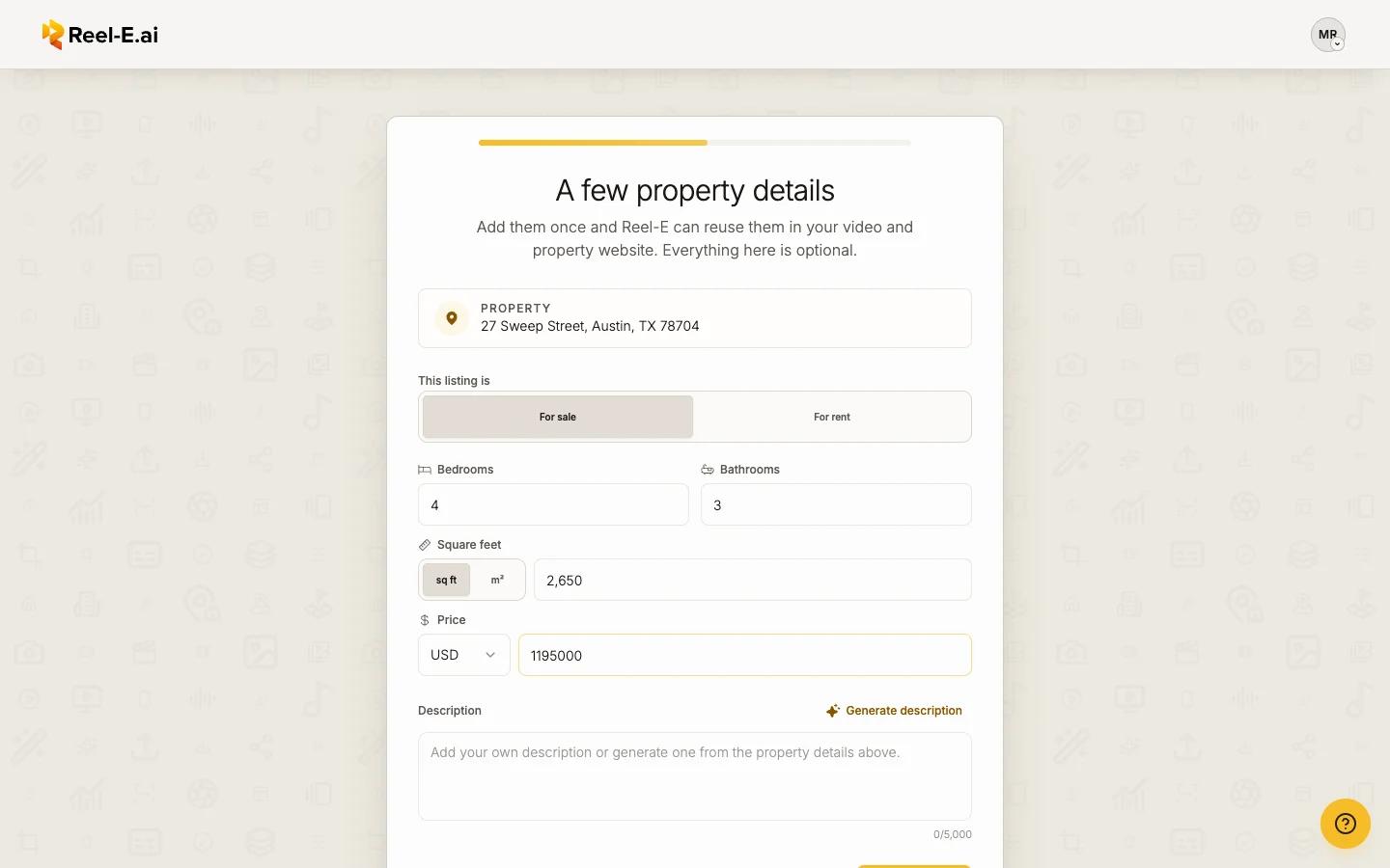 The property details step with beds, baths, size and price