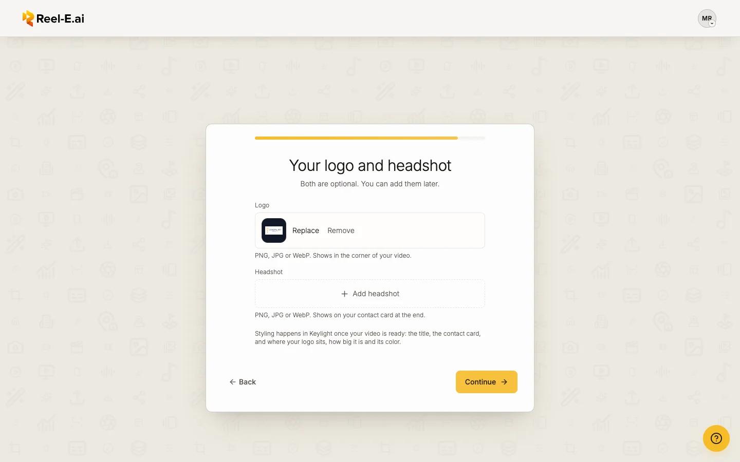 The logo and headshot step