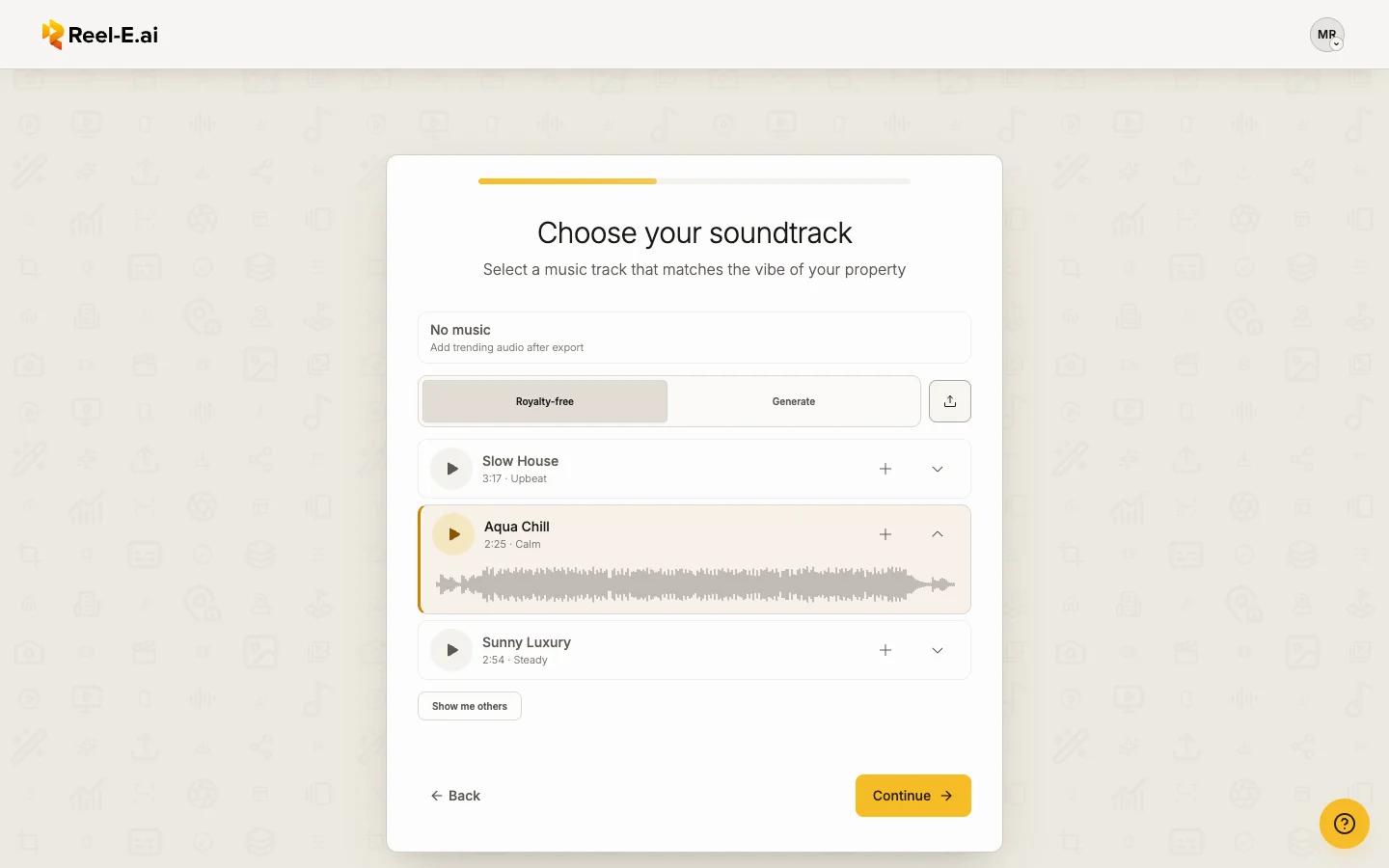 The Choose your soundtrack step with suggested songs