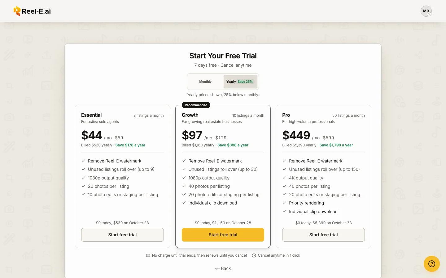 The Start Your Free Trial screen with the plans