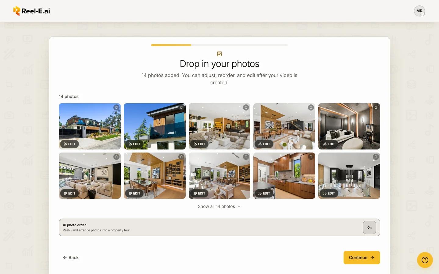The photos step with uploaded photos in a grid and AI photo order on