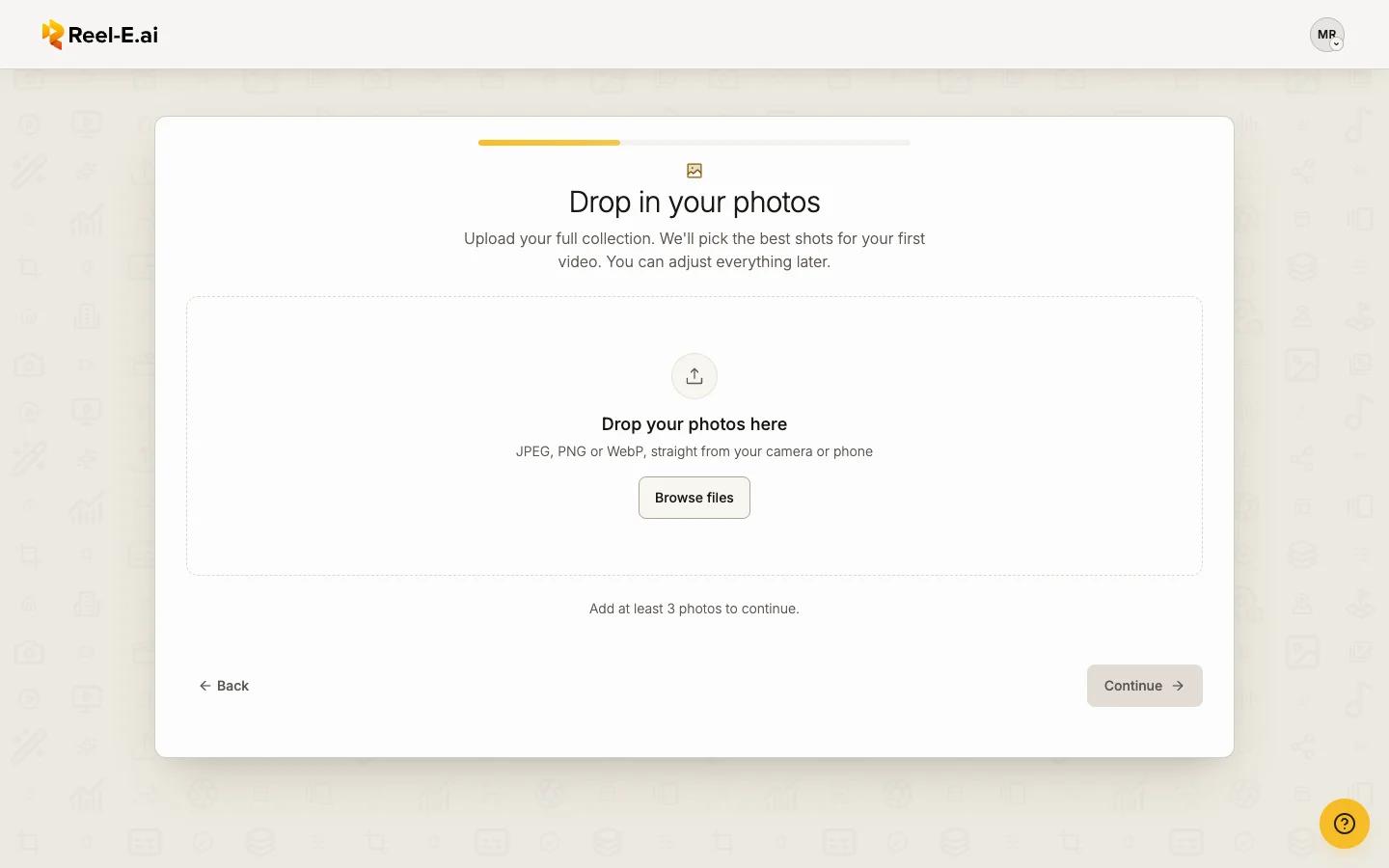 The empty photos step with the drop area and Browse files