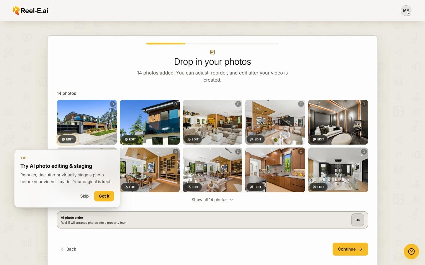 The Try AI photo editing & staging tip over the photo grid