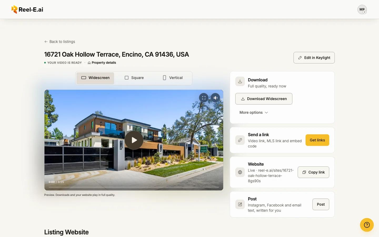 A listing page with the video and the Download, Send a link, Website and Post cards
