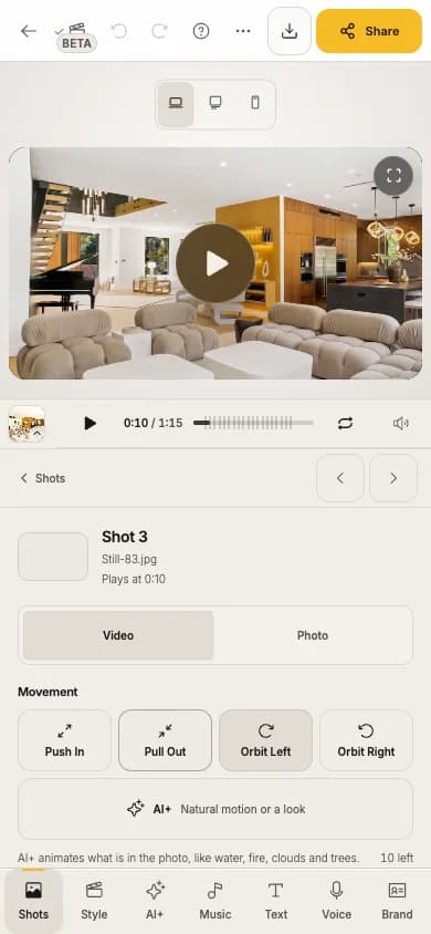 The shot panel on a phone