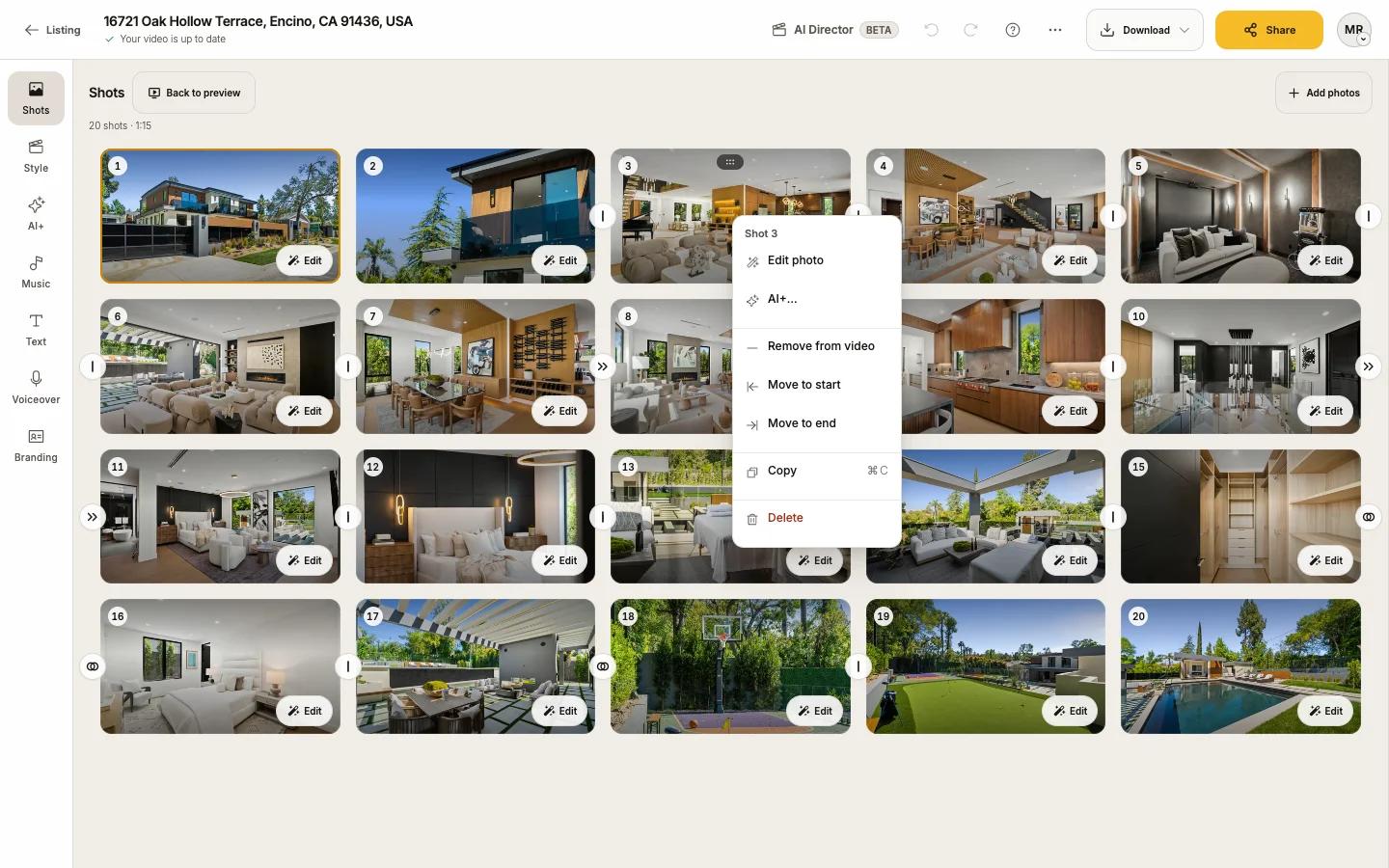 The right-click menu on a shot, with Move to start and Move to end