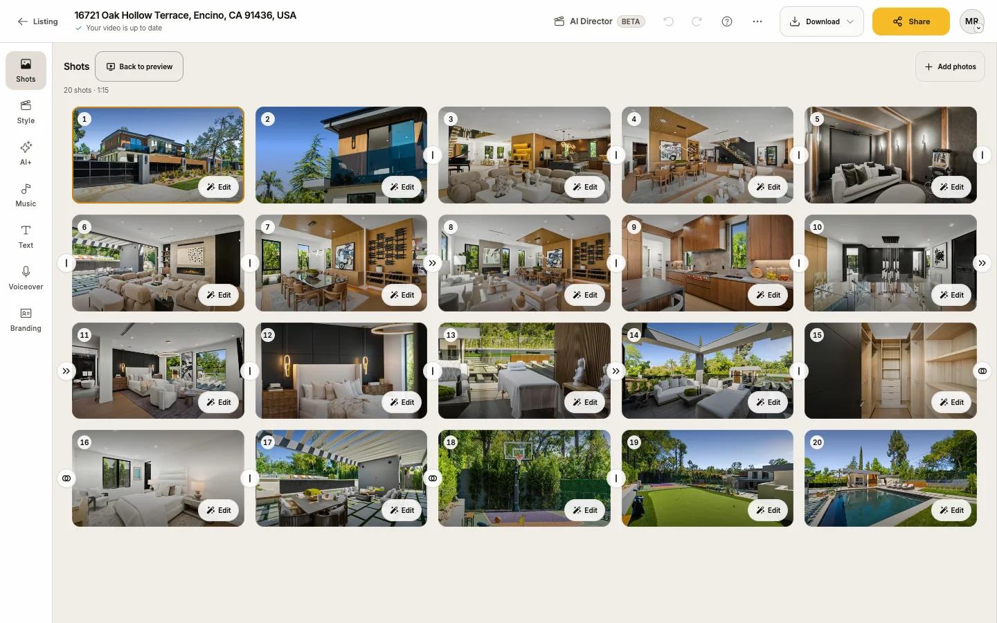 Gallery view with every shot laid out