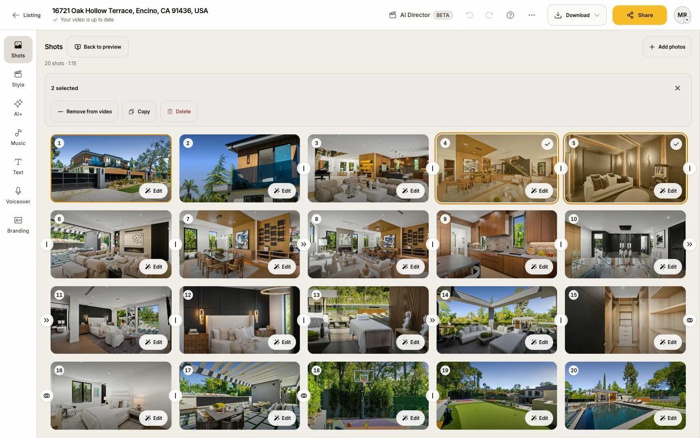 Several shots selected, with the selection bar showing Remove from video, Copy and Delete