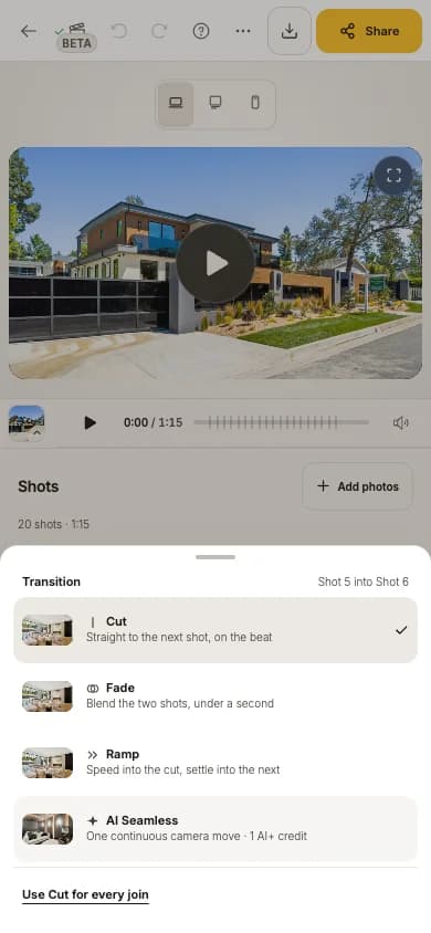 The transition choices as a sheet on a phone
