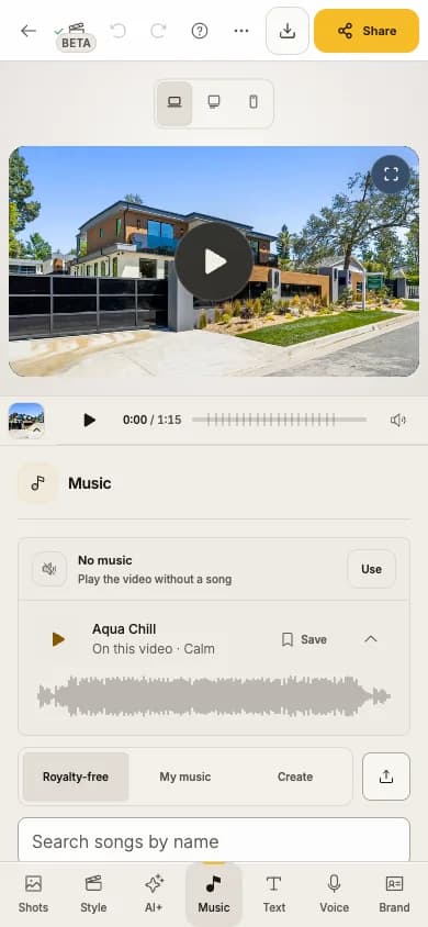 The Music panel on a phone