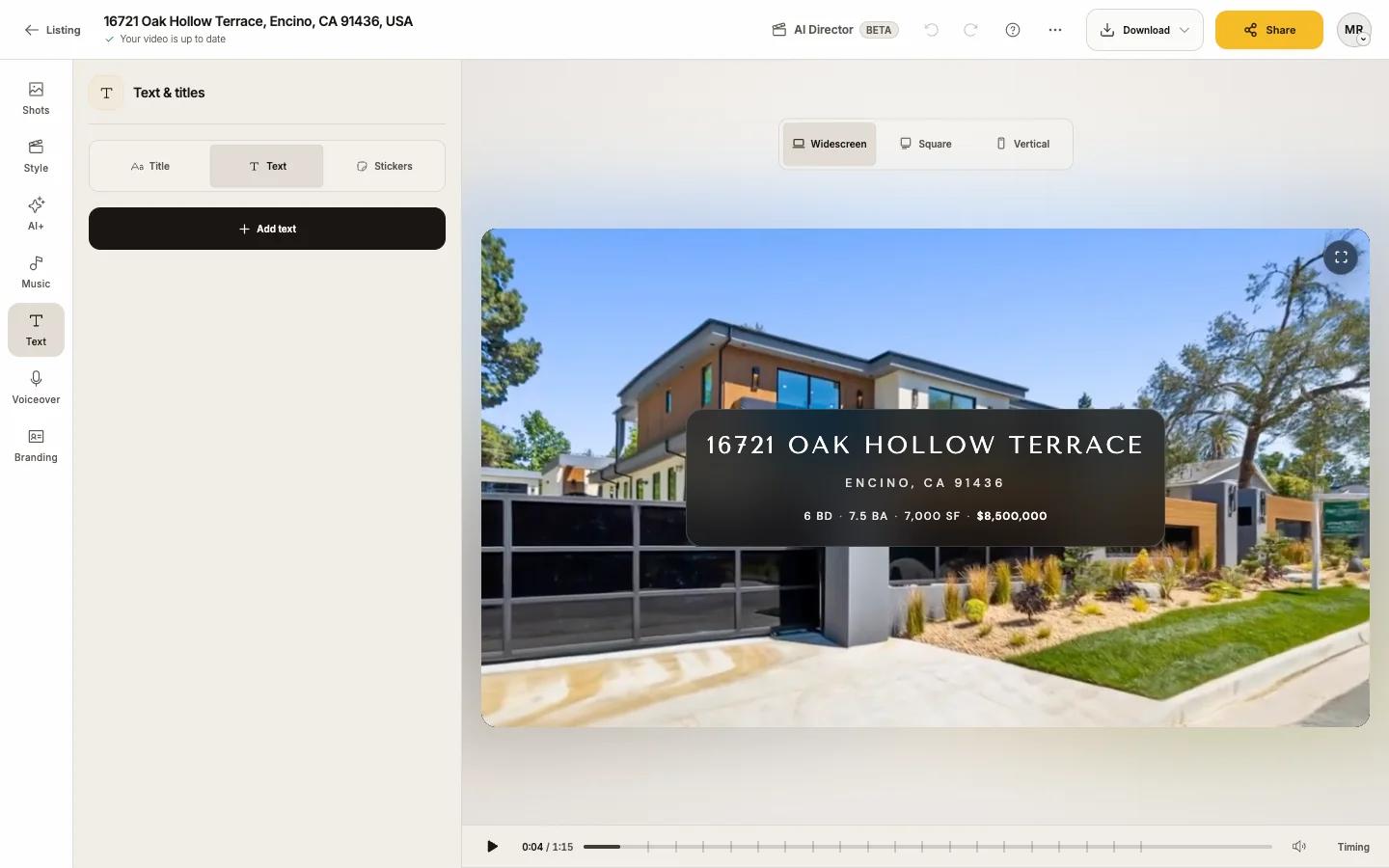The Text tab with a line of text and its Design, Color and Motion