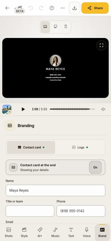 The Contact card tab on a phone