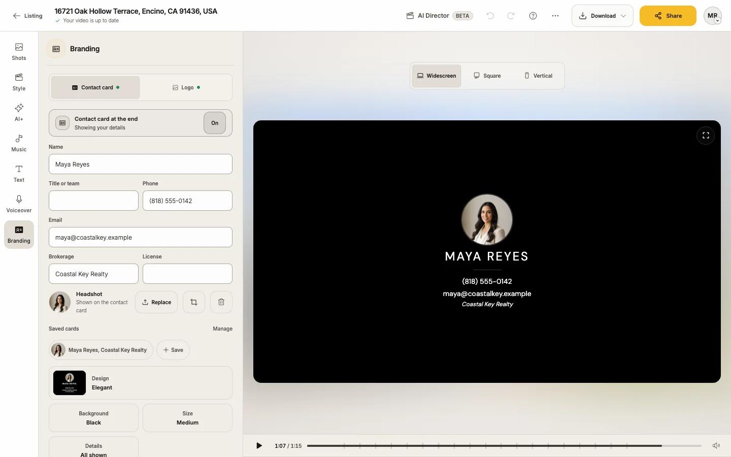 A filled-in contact card with a Headshot, and its fields beside the video