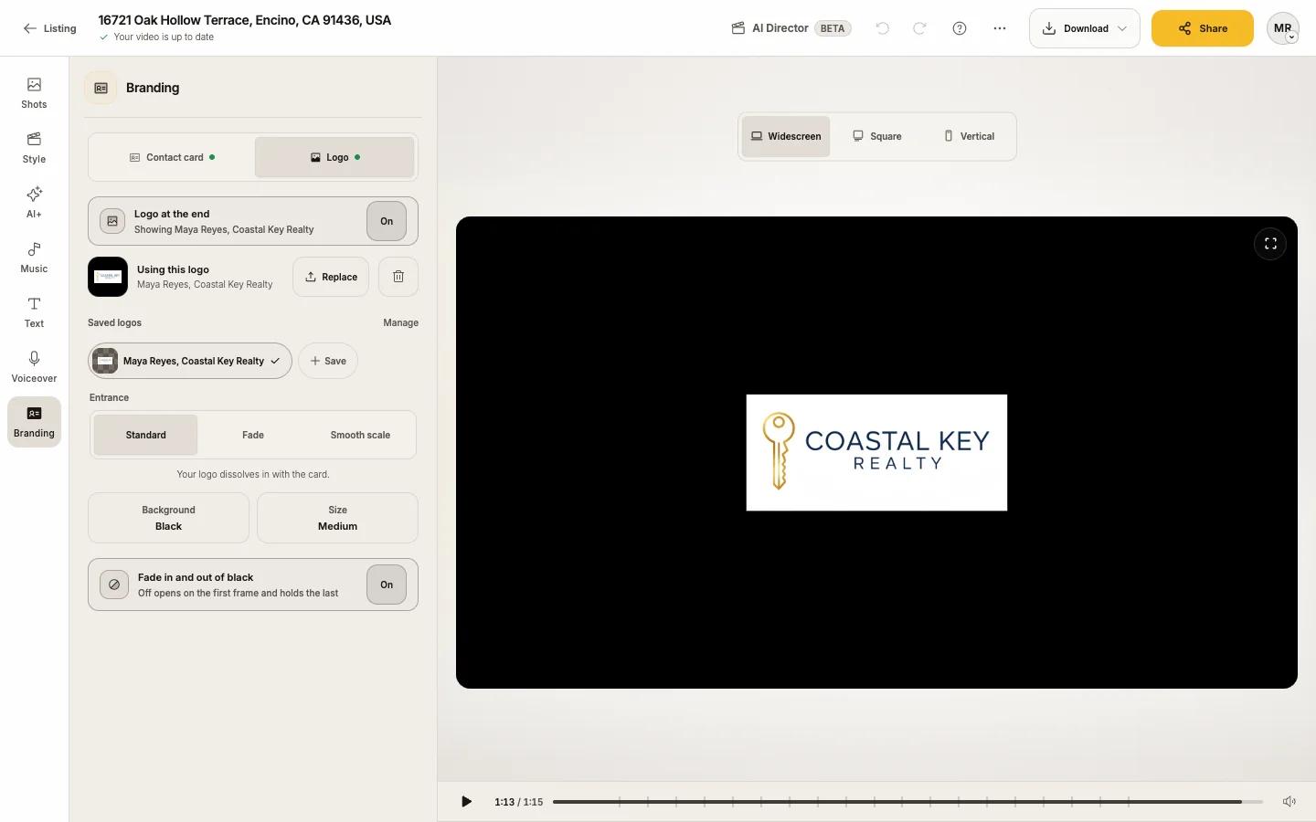 The Logo tab with an uploaded logo and its Entrance choices