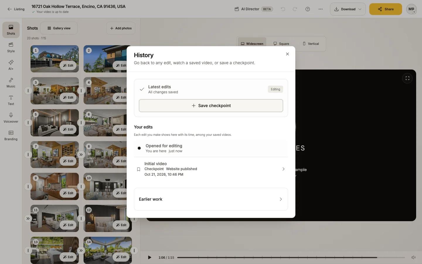 Version history with Latest edits, Your edits and Saved videos