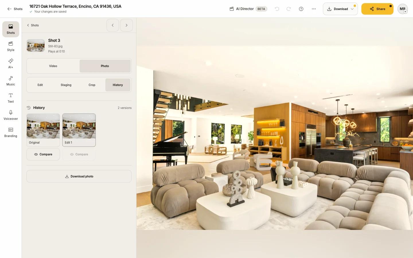 The History tab of the photo editor, listing the photo's versions