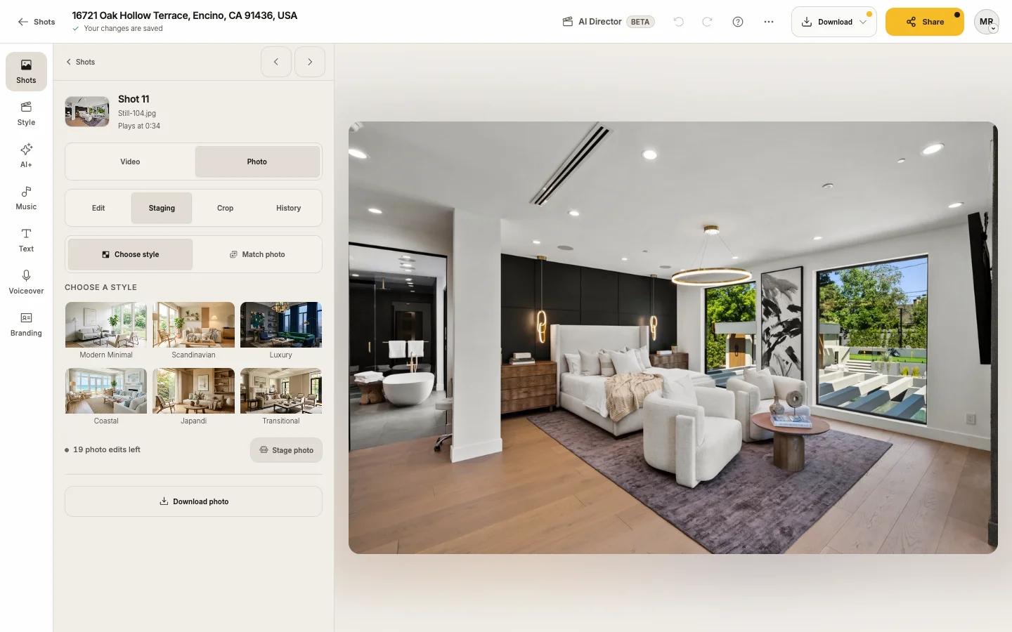 The Staging tab with the six styles under Choose a style