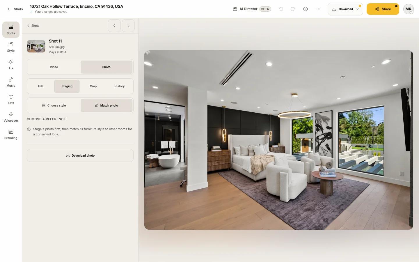 Match photo, with a staged room picked under Choose a reference