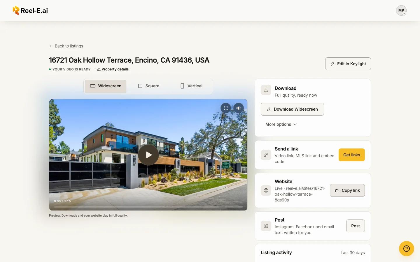 The Listing Website section of a listing page, with the site live