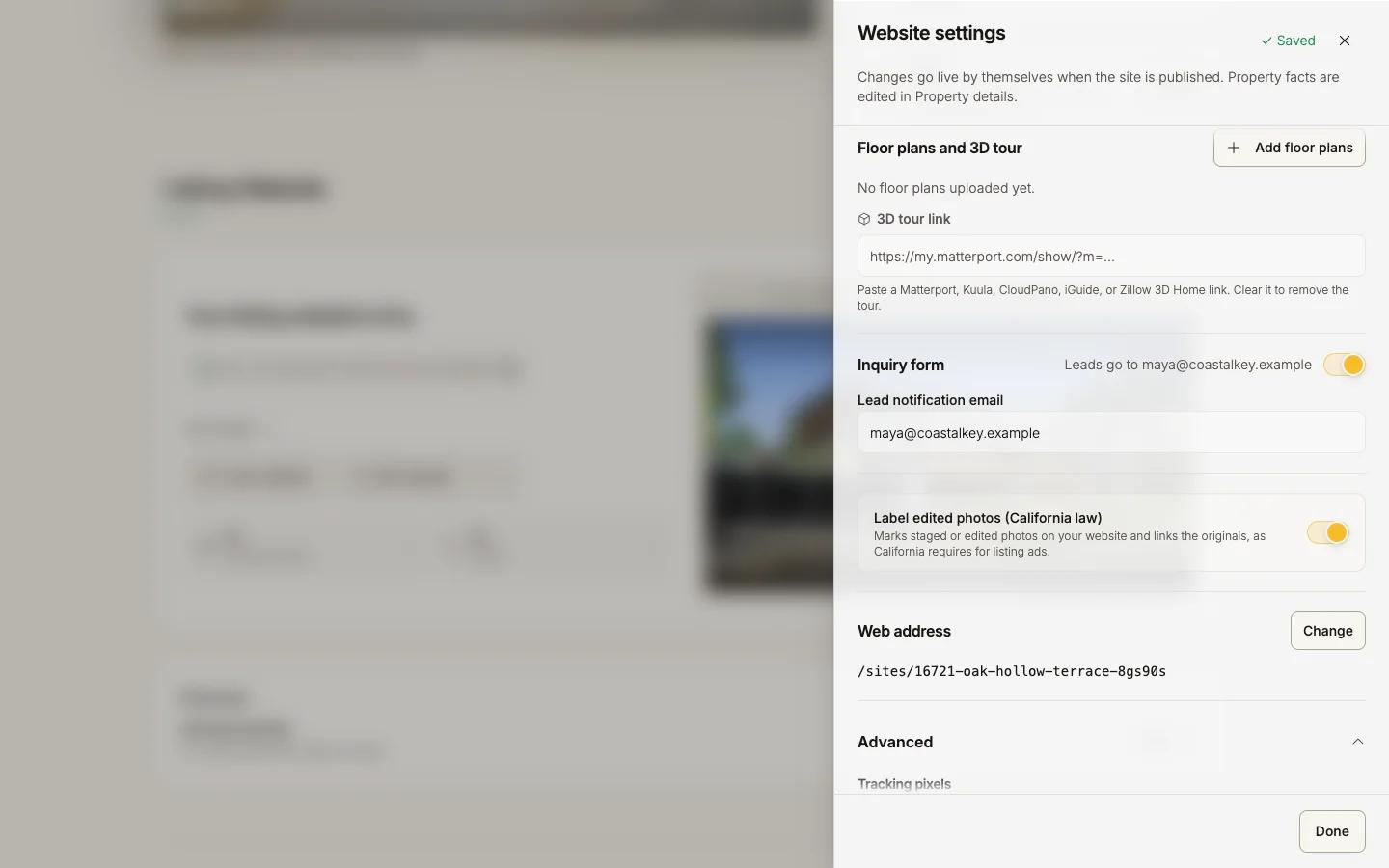 Tracking pixels under Advanced, with the Meta Pixel ID and Google tag ID fields