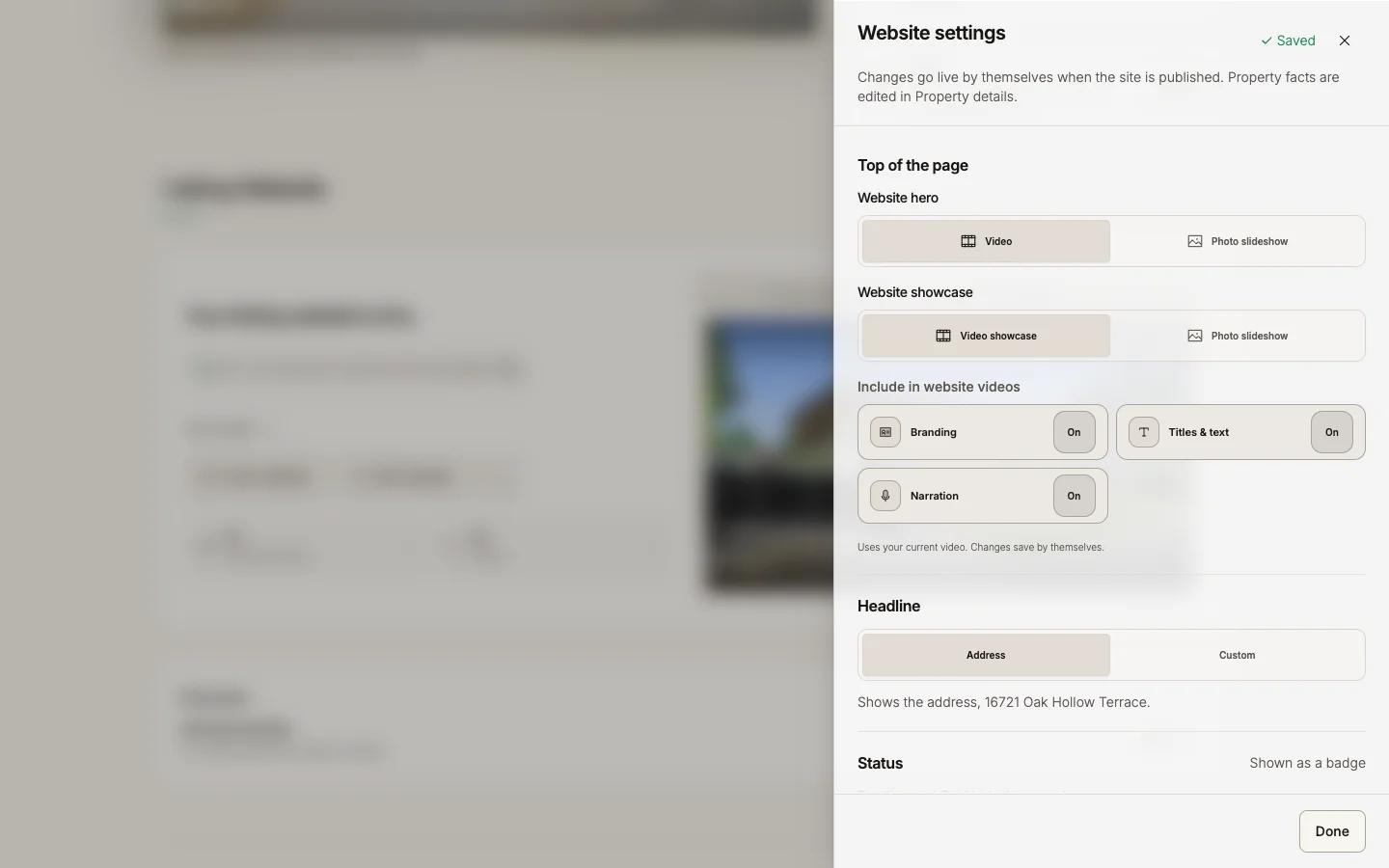 The Website settings sheet open over the listing page
