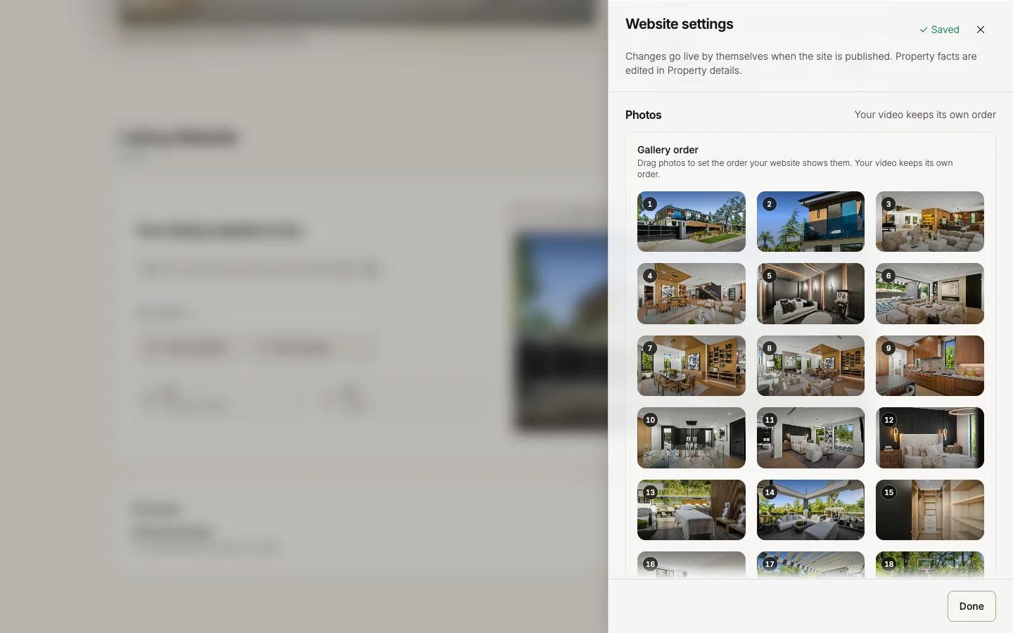 The Status and Photos sections of Website settings