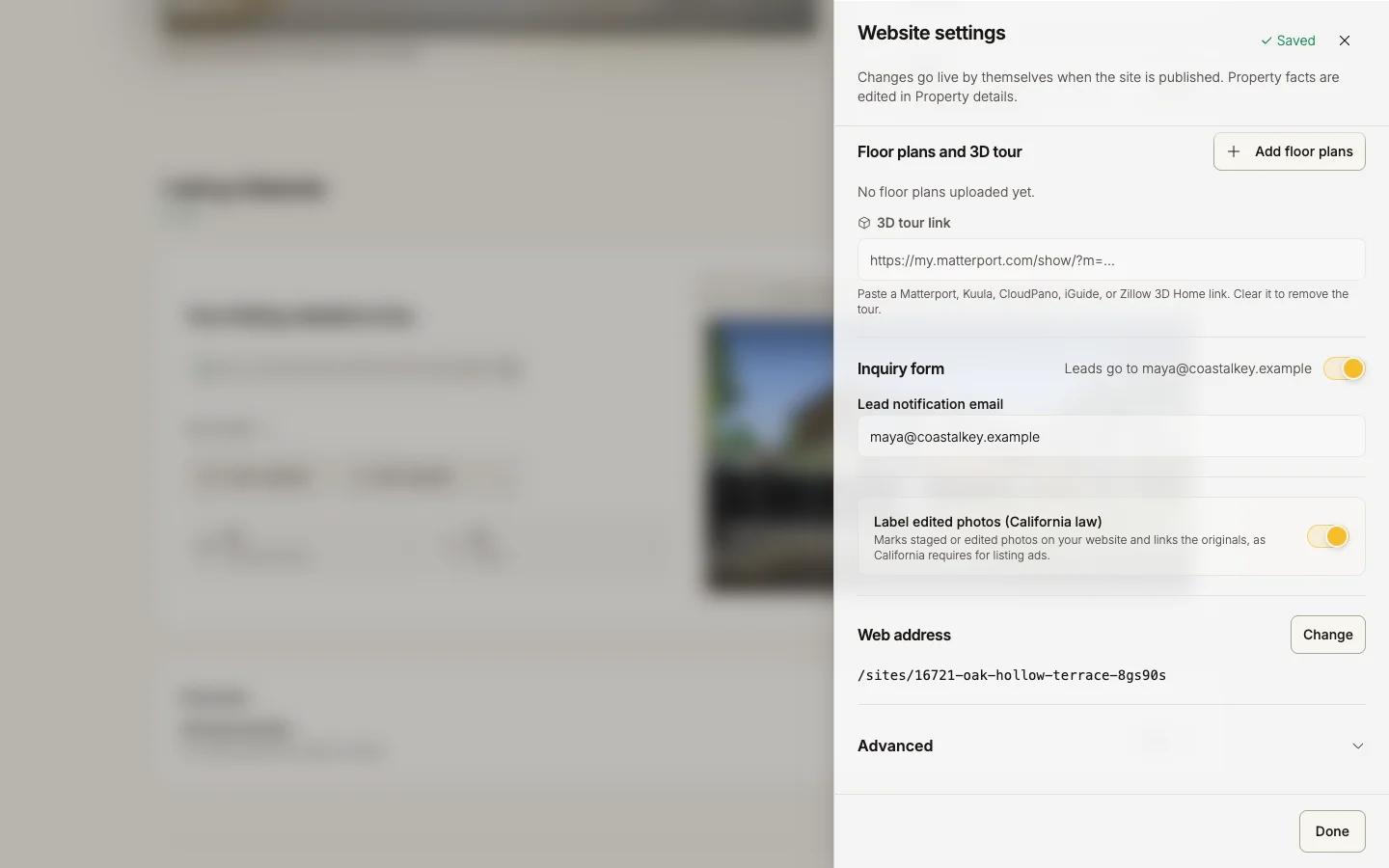 The Custom Domain panel under Web address in Website settings