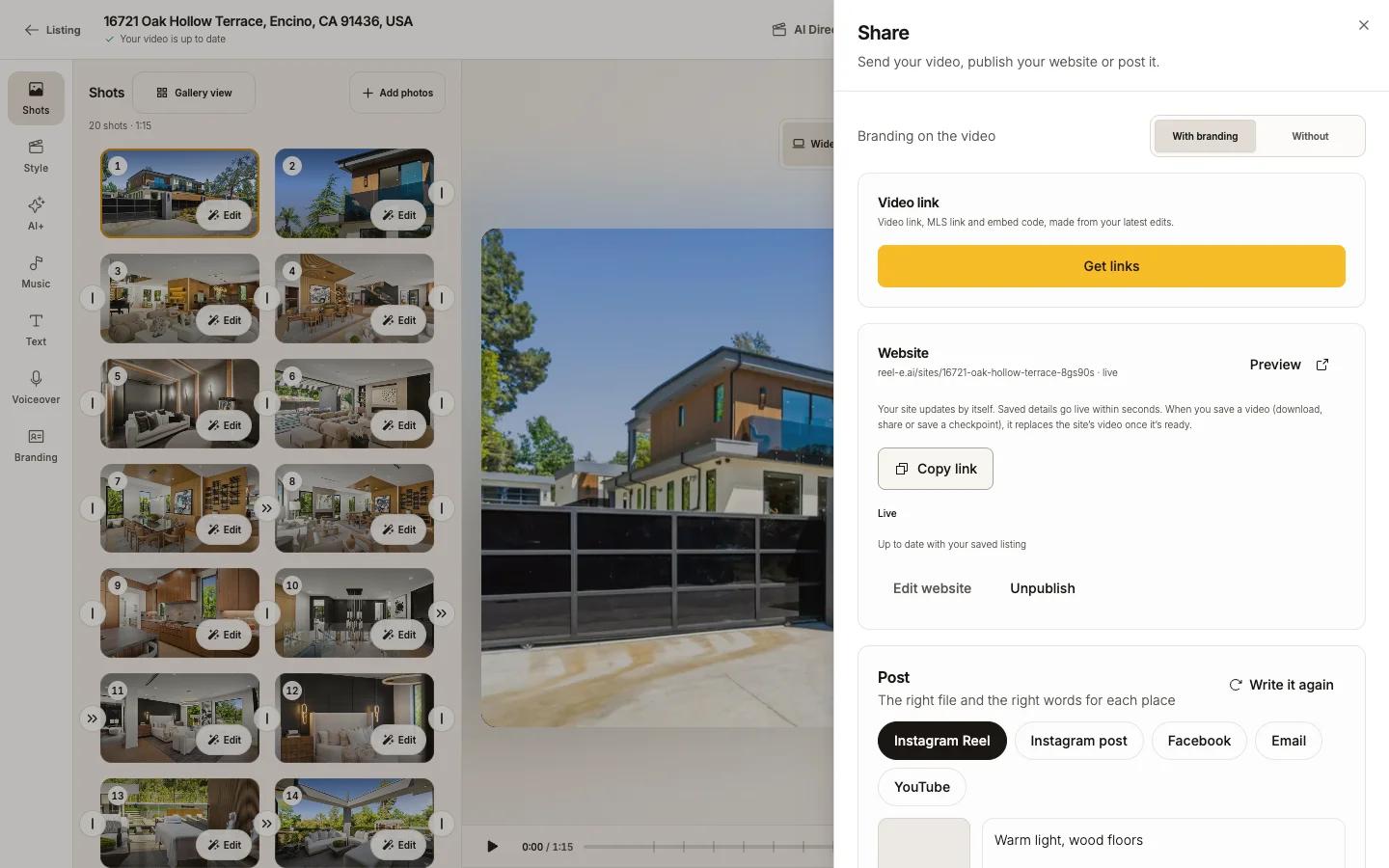 The video link, MLS link and embed code, each with a copy button