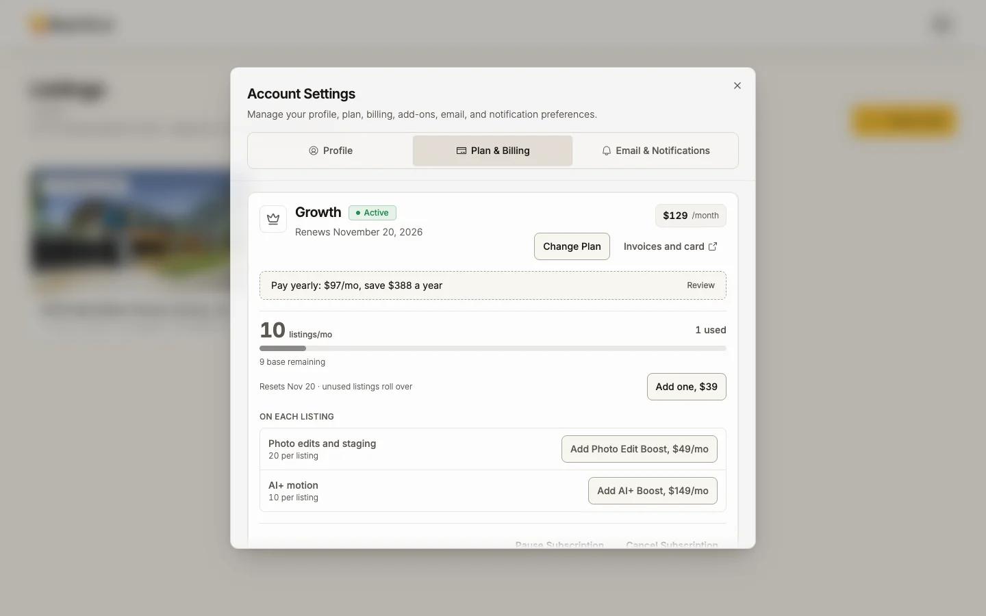 Plan & Billing in Account Settings, with the plan, its renewal date and what has been used