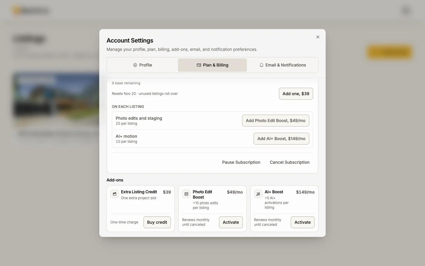 The add-ons in Plan & Billing