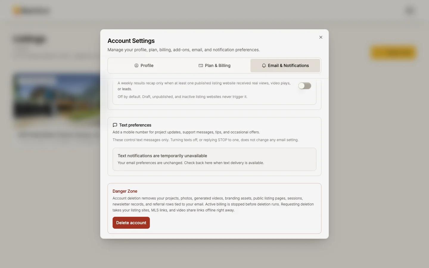 The Danger Zone at the bottom of Email & Notifications