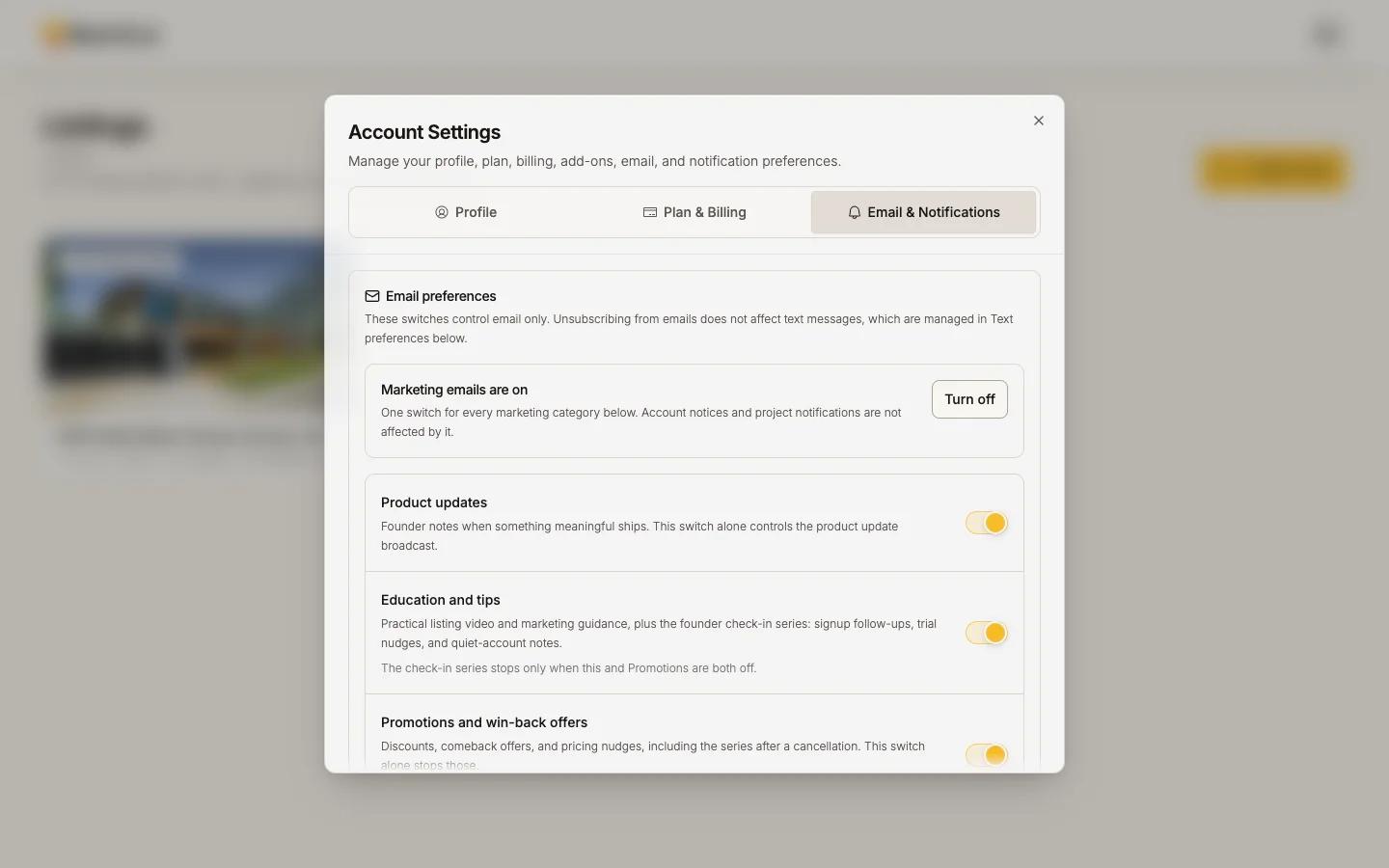 Email & Notifications, with Email preferences and Text preferences